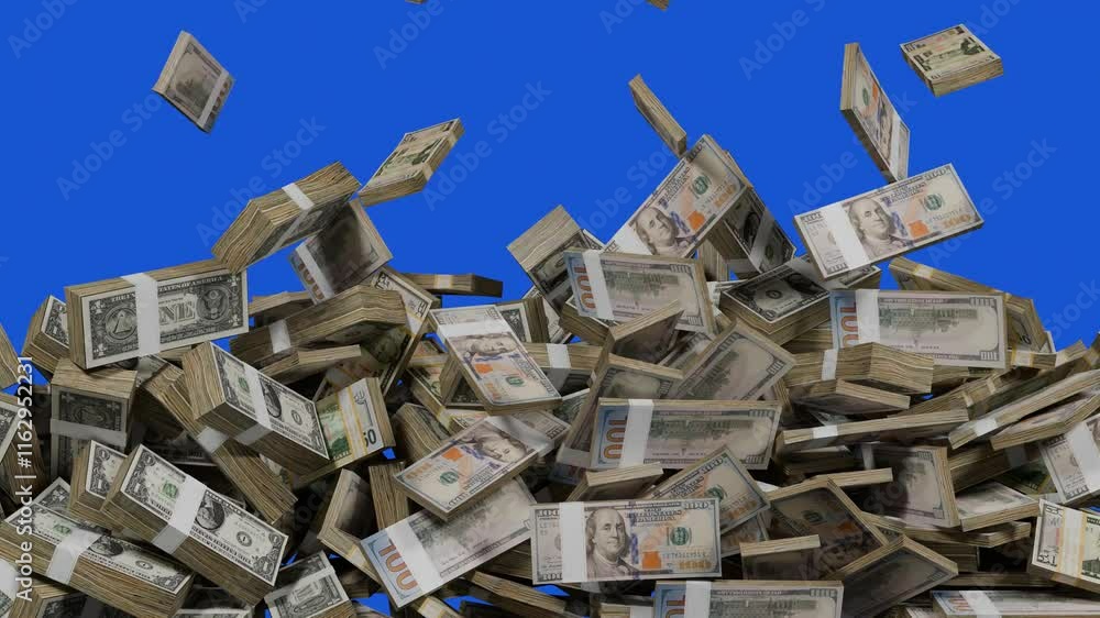 Dynamic green screen transition featuring floating dollar money bills fall drop down