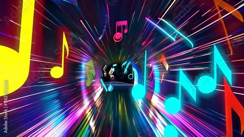 Glowing Music Notes in Colorful Tunnel photo