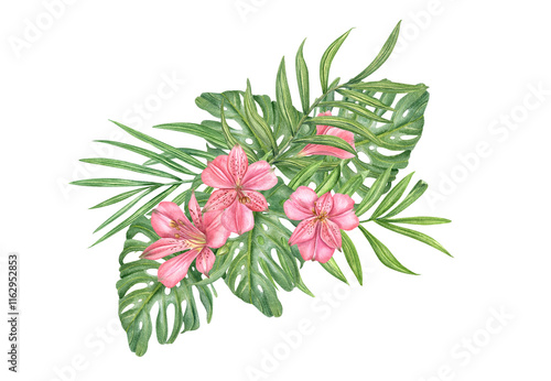 Watercolor pink flowers with tropical green leaves bouquet illustration. Alstroemeria flower, areca palm and monstera foliage. Dense jungle. Floral composition for textile design, greetings