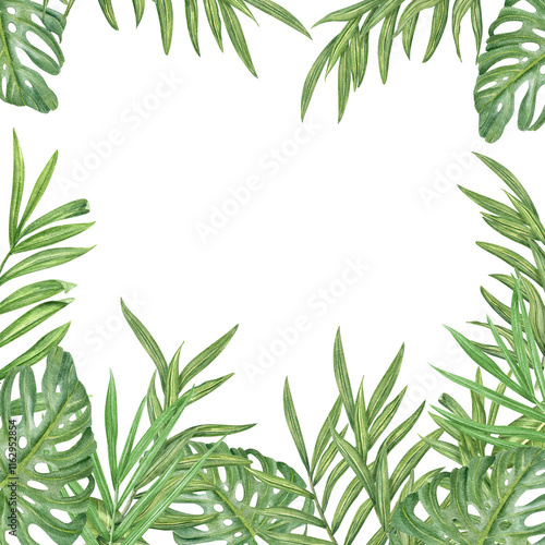 Watercolor realistic tropical green leaves square frame. Hand painted palm, Areca, Cycas and monstera foliage border with empty space for text. Floral illustration for greeting cards, invitations