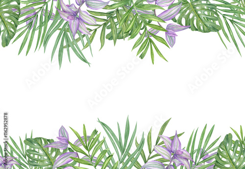 Tropical leaf branches watercolor horizontal border. Purple striped tradescantia, green areca palm, and monstera leaves frame with copy space for text. Summertime illustration for greeting cards