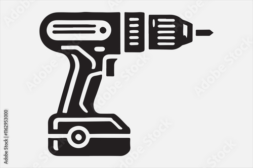 A black and white illustration of a cordless power drill.