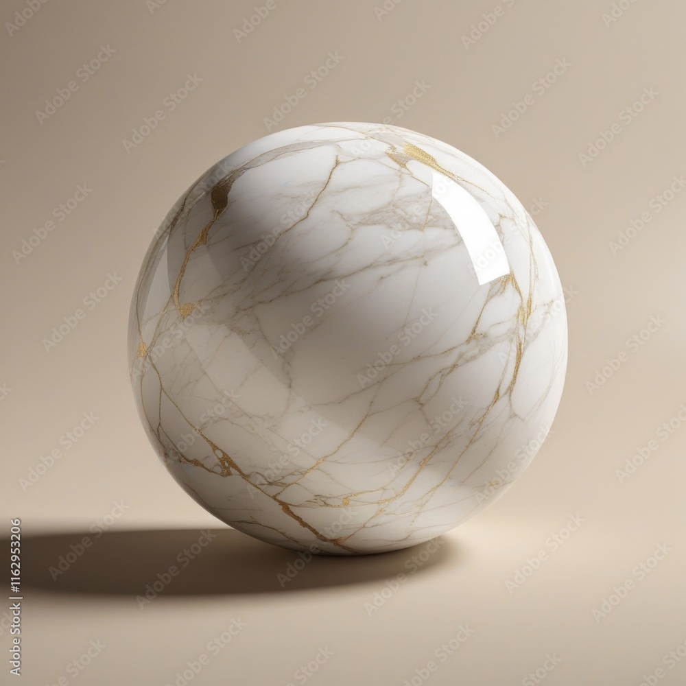 A smooth spherical object with a mesmerizing pattern of white marble veining and subtle gold accents A smooth spherical object with a mesmerizing pattern of white marble veining and subtle gold accents