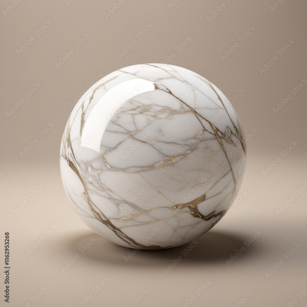 A smooth spherical object with a mesmerizing pattern of white marble veining and subtle gold accents A smooth spherical object with a mesmerizing pattern of white marble veining and subtle gold accents
