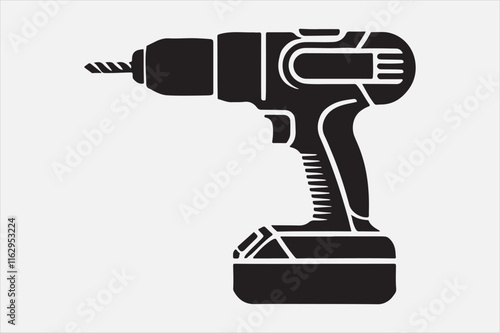 A black and white illustration of a cordless power drill.