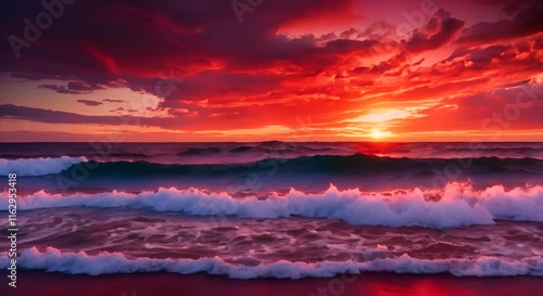 Vivid Red Sunset Reflecting on Serene Ocean Waves at Dusk 4K