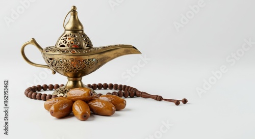 Dates On The Plate, Alladin Lamp And Muslim Prayer Beads, Rosery Isolated On White Background. Side View.
 photo