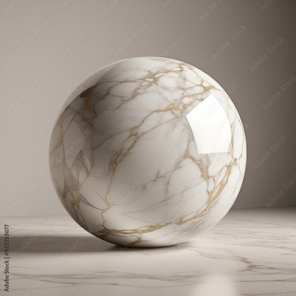 A smooth spherical object with a mesmerizing pattern of white marble veining and subtle gold accents A smooth spherical object with a mesmerizing pattern of white marble veining and subtle gold accents