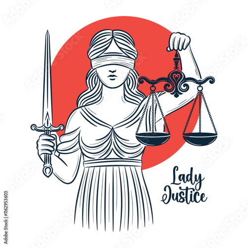 Lady Justice holding scale and sword with hand drawn  style vector illustration
