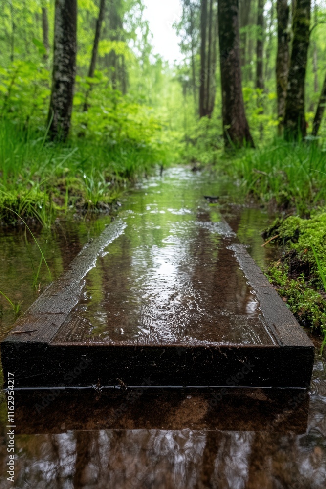 Obraz premium A serene woodland scene featuring a wooden pathway over a rain-soaked path, surrounded by lush greenery, Ideal for nature-themed projects, eco-tourism marketing, or outdoor adventure promotion,