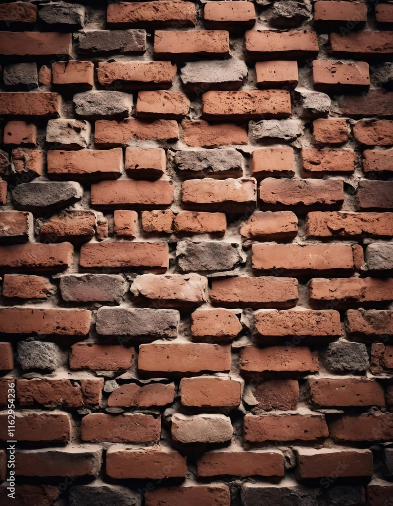 Fototapeta premium A rugged brick wall displays various shades of red and brown, highlighting its textured surface. The weathered bricks create a warm and inviting atmosphere in any room. Generative AI