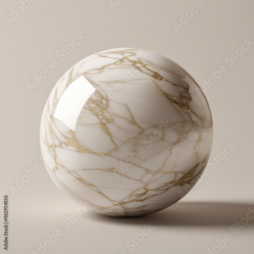 A smooth spherical object with a mesmerizing pattern of white marble veining and subtle gold accents