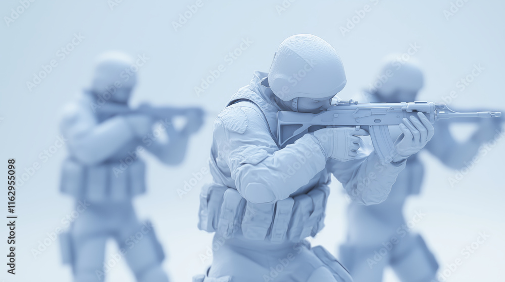 Obraz premium 3d-rendered soldiers aiming rifles in combat-ready formation