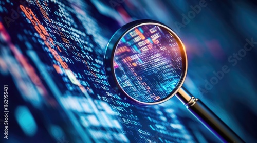 A magnifying glass focusing on digital data, symbolizing analysis and technology.