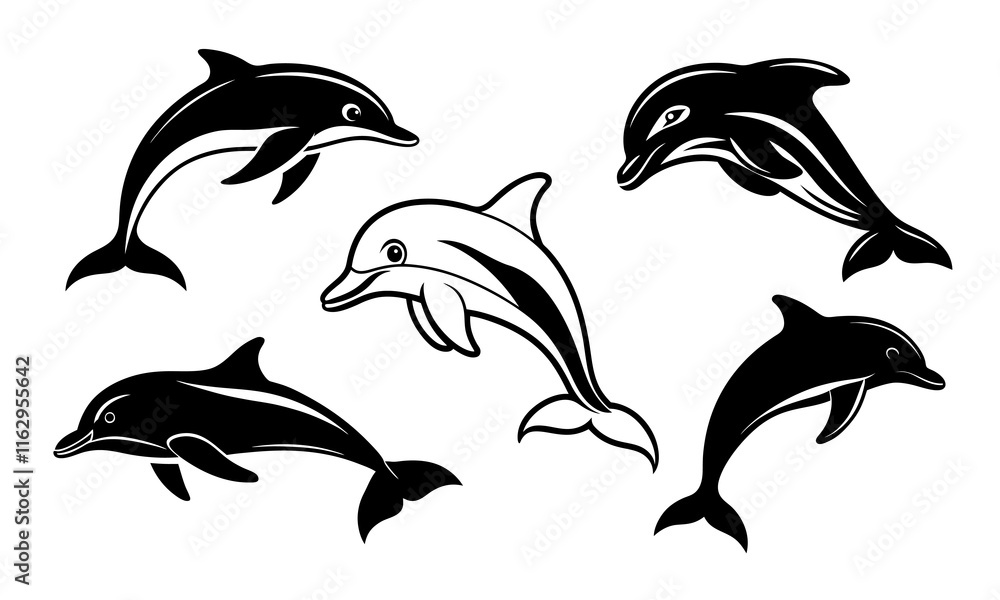 Naklejka premium Vector Illustration of Playful Dolphins. Set of Stylized Dolphin Silhouettes