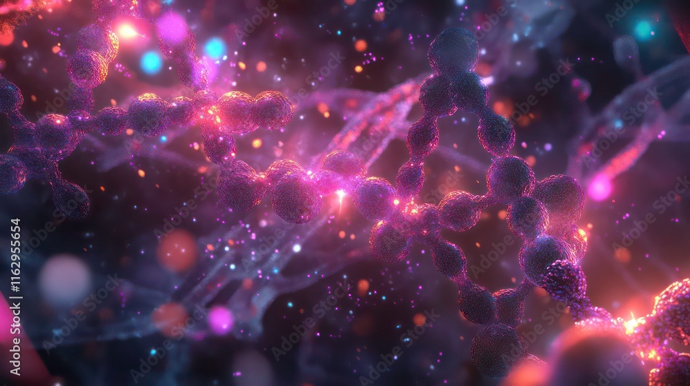 A glowing map of interconnected molecules and DNA strands. A glowing map of interconnected molecules and DNA strands.