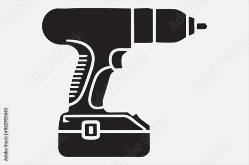 A black and white illustration of a cordless power drill.