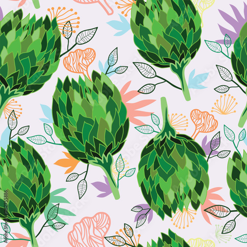 green artichokes with leaves and pollen grains line art hand drawn seamless pattern