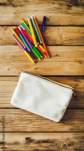 A blank pencil case mockup resting on a wooden desk, ideal for showcasing custom designs or branding, with natural lighting enhancing the texture of the wood.