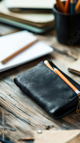 A blank pencil case mockup resting on a wooden desk, ideal for showcasing custom designs or branding, with natural lighting enhancing the texture of the wood.