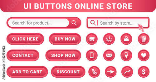 Set of user interface pink buttons online store or shop on a romantic love theme. UI purchase symbol Valentine Day collection. Add to cart, shop now, click here icons
