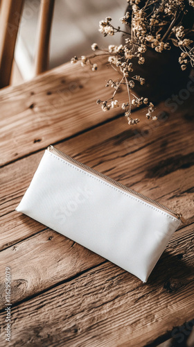A blank pencil case mockup resting on a wooden desk, ideal for showcasing custom designs or branding, with natural lighting enhancing the texture of the wood.