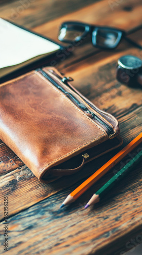 A blank pencil case mockup resting on a wooden desk, ideal for showcasing custom designs or branding, with natural lighting enhancing the texture of the wood.
