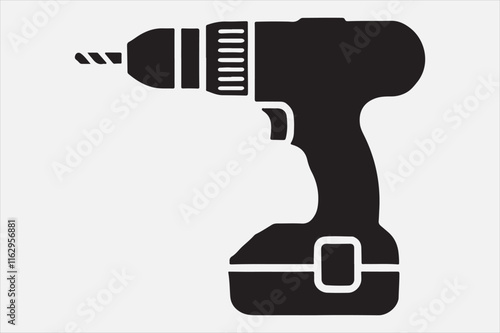 A black and white illustration of a cordless power drill.