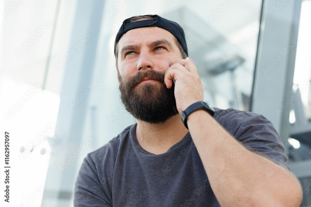 Hipster young man talking on the phone in a urban background Hipster young man talking on the phone in a urban background