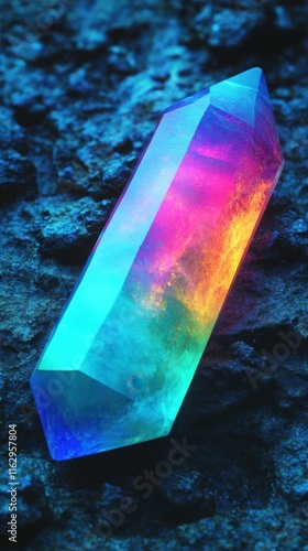 Multicolored glowing quartz crystal with sharp edges, illuminated on rocky surface, perfect for spiritual, healing, meditation themes, vibrant neon colors, mystic atmosphere, dark textured background