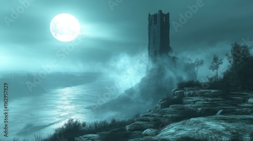 Haunted ancient stone tower under full moon glowing misty night foggy seascape eerie atmosphere Halloween background mysterious landscape
