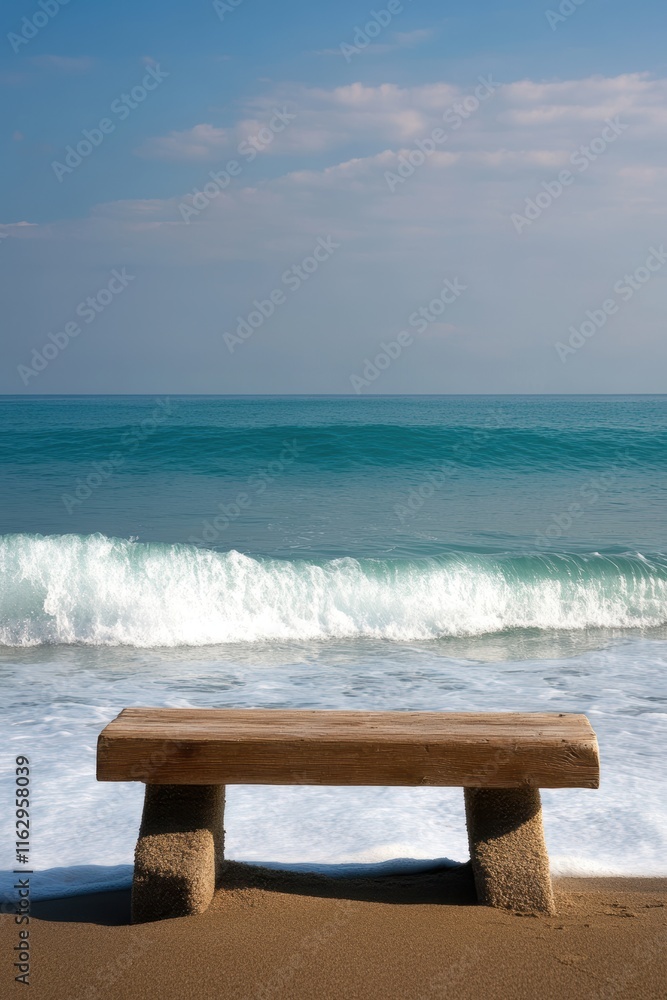 A serene beach scene featuring a wooden bench by the shoreline, with gentle waves lapping at the sand under a clear blue sky, Ideal for relaxation, travel blogs, or promoting coastal retreats, A serene beach scene featuring a wooden bench by the shoreline, with gentle waves lapping at the sand under a clear blue sky, Ideal for relaxation, travel blogs, or promoting coastal retreats,