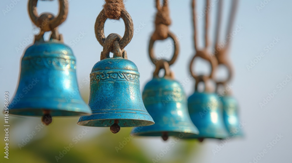 Five vibrant blue bells dangle from rustic cords, illuminated by soft sunlight. The blurred background adds depth, creating a peaceful and artistic atmosphere Five vibrant blue bells dangle from rustic cords, illuminated by soft sunlight. The blurred background adds depth, creating a peaceful and artistic atmosphere