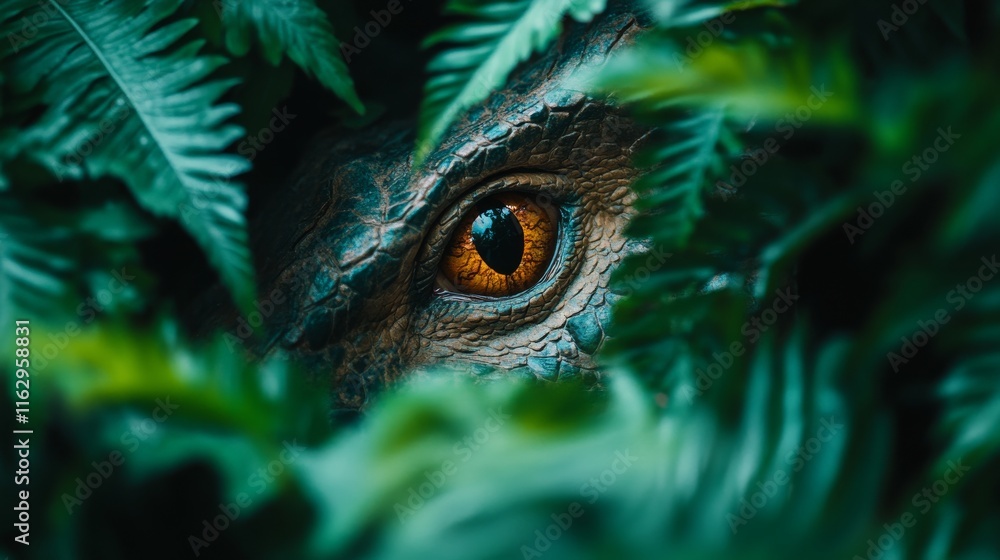 Naklejka premium A dinosaur eye, rich in texture and color, peers through vibrant green ferns in a prehistoric jungle, evoking a sense of mystery and ancient life in this natural habitat