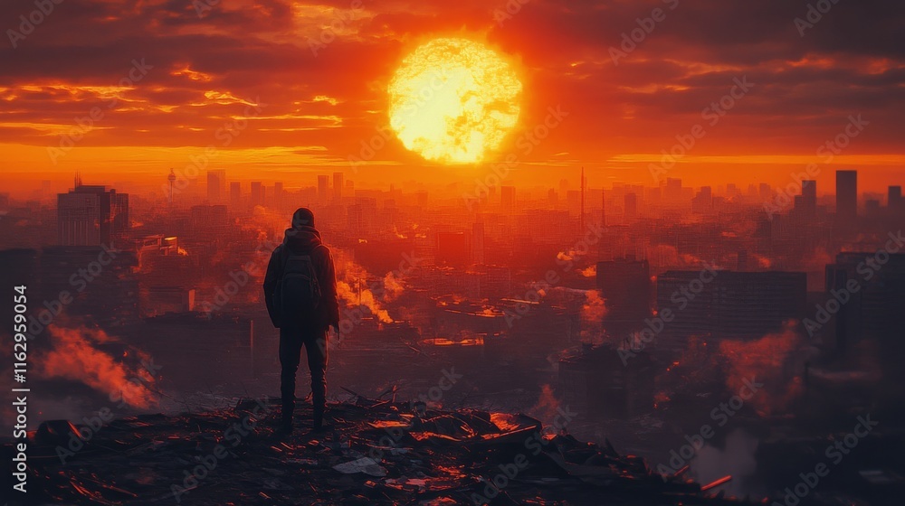 Obraz premium Dramatic sunset casting fiery glow over a ruined cityscape with a lone figure amidst destruction