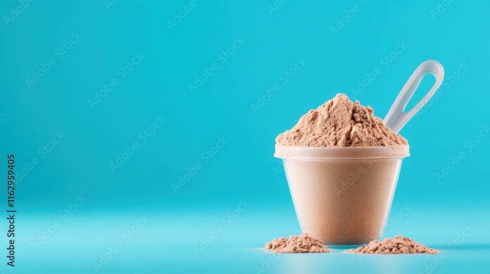 Brown protein powder in a plastic container with a scoop, spilling onto a blue surface Brown protein powder in a plastic container with a scoop, spilling onto a blue surface