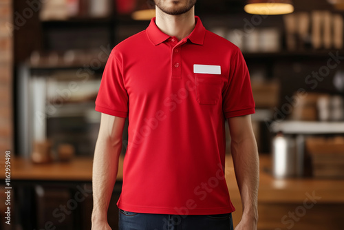 Red fast food worker uniform mockup polo shirt with name badge photo