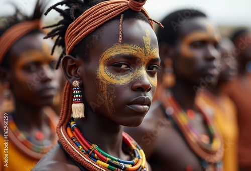 Participants at the Wodaabe Mbororo Guerewol festival showcase their striking body art and colorful attire, celebrating cultural heritage and traditions in Niger. Generative AI photo