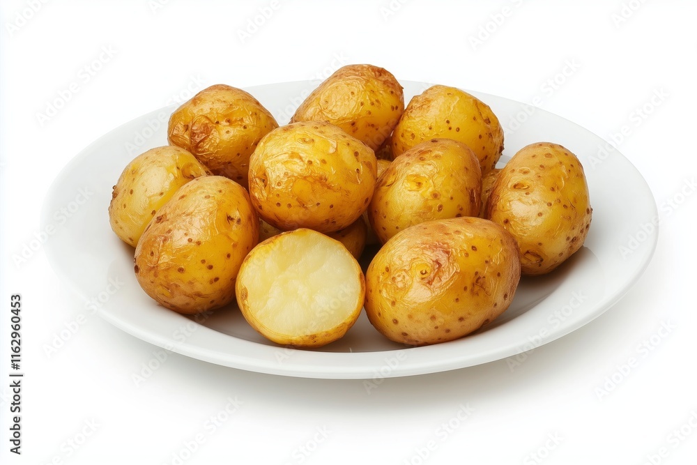 Roasted potato on a plate top view isolated on white background Roasted potato on a plate top view isolated on white background