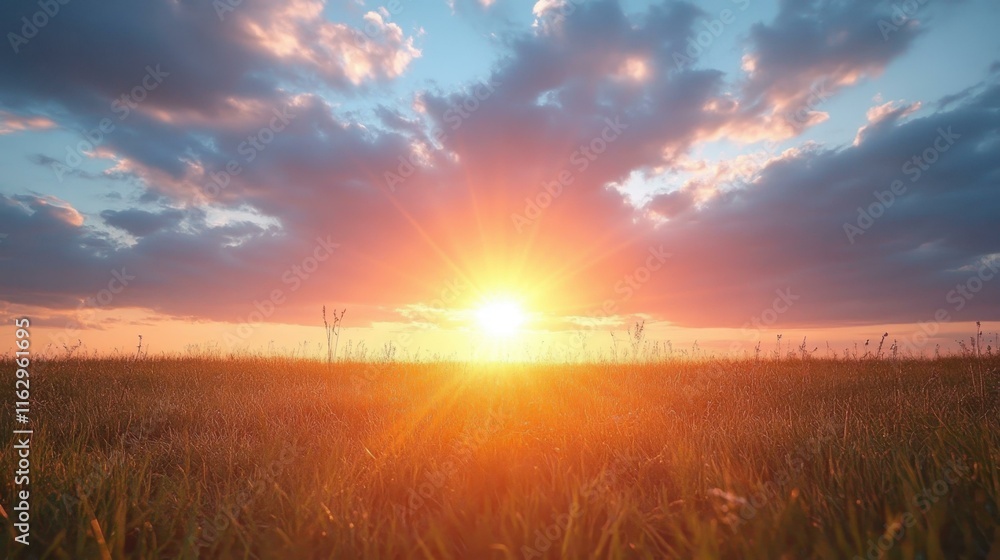 Fototapeta premium Sunset glowing over green grassy field with soft clouds in colorful sky, peaceful nature landscape for background, relaxation, meditation, outdoor scenery, warm golden light evening atmosphere