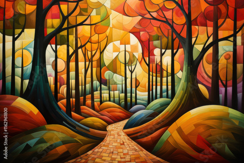 A surreal abstract of a forest pathway with layered trees, geometric foliage, and vibrant tones in abstract cubist or cubism style painting photo