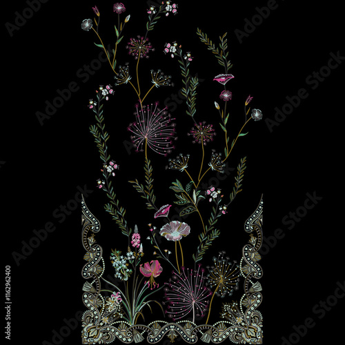 A over asian embroidery neckline and border lace design with floral motifs leafs leaves trendy mughal ornaments.