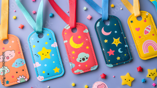 A collection of bookmarks with various designs made of plastic and textile are displayed on a table. Designs include electric blue font, suitable for office supplies and indoor games