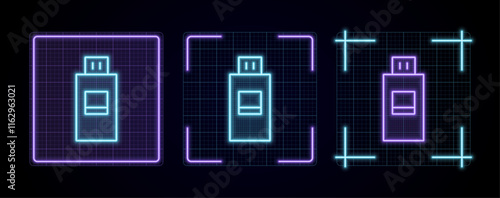 Usb flash drive icon illustration, cyber neon visual, glowing border grid vector.