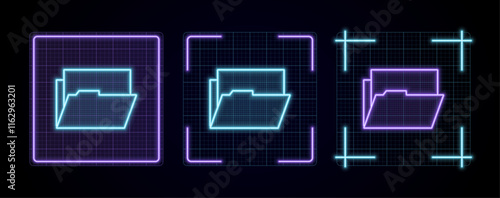 Open File icon illustration, cyber neon visual, glowing border grid vector.