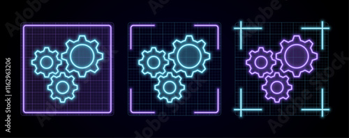 Gears settings icon illustration, cyber neon visual, glowing border grid vector.