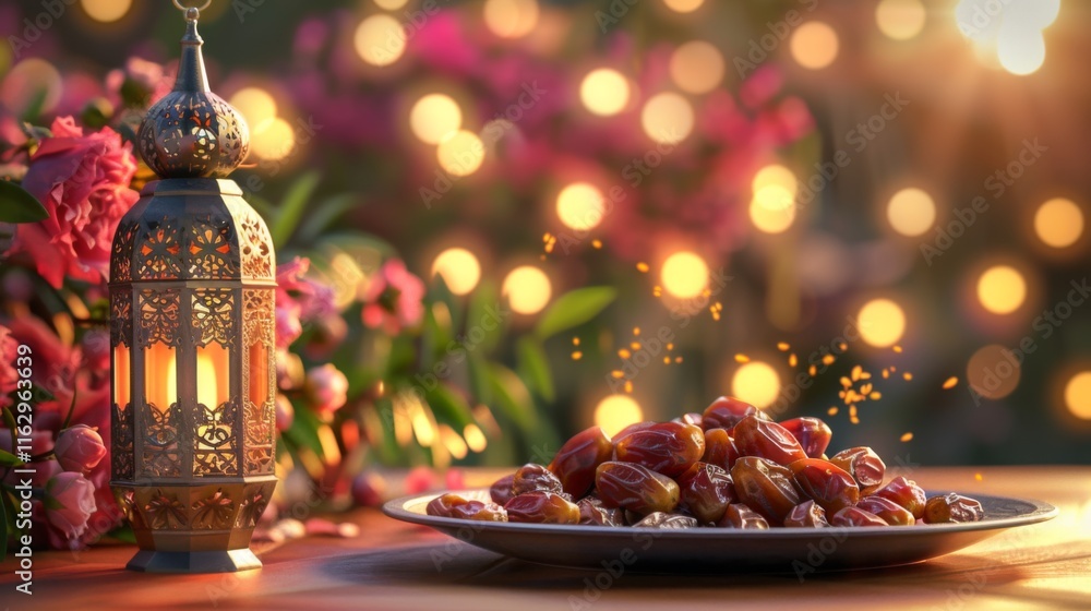 concept Ramadan Kareem with plate of dates Iftari and ancient Arabic lantern on a vector wooden background and flower concept Ramadan Kareem with plate of dates Iftari and ancient Arabic lantern on a vector wooden background and flower