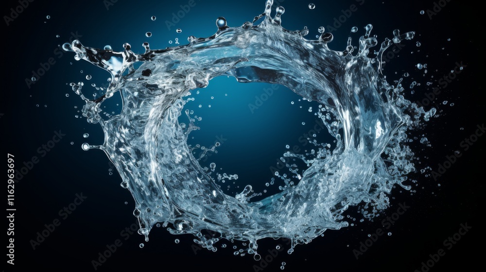 Obraz premium A stunning water splash forms a perfect circular shape, with droplets radiating outward. The dark background contrasts beautifully with the vibrant water, creating an eye-catching effect