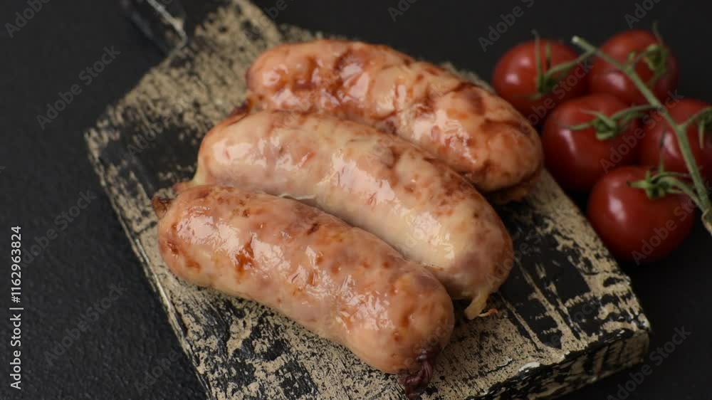 Grilled sausages with spices and herbs. Top view flat lay. With copy space Grilled sausages with spices and herbs. Top view flat lay. With copy space