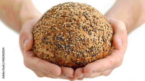 Close up of baker s hands presenting freshly baked bread against a clean white background photo